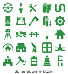 Construction icons set. set of 25 construction filled icons such as window, business centre, building, pyramid, toy tower, hammer, glove, pipe, concrete mixer, theodolite