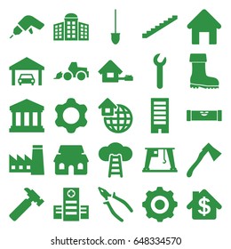 Construction icons set. set of 25 construction filled icons such as house building, building   isolated  sign symbol, factory, stairs, level ruler, hummer, drill, excavator