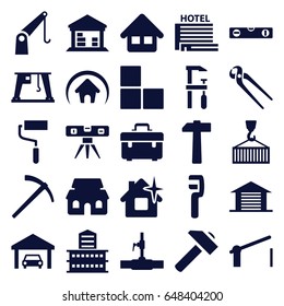 Construction icons set. set of 25 construction filled icons such as brick wall, building, clean house, toolbox, hummer, roller, level ruler, pliers, chainsaw, clamp