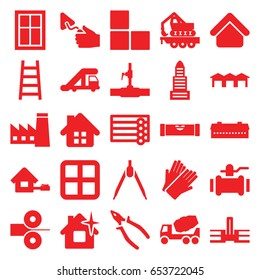 Construction icons set. set of 25 construction filled icons such as barn, truck crane, window, house building, factory, brick wall, wooden wall, level ruler, business center