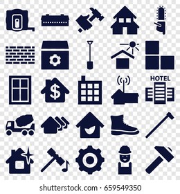 Construction icons set. set of 25 construction filled icons such as barn, brick wall, measure tape, house, building, window, hammer, clean house, gear, worker, hummer