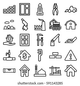 construction icons set. Set of 25 construction outline icons such as plan, building, barn, mosque, level ruler, brick wall, business center, window, home care, nippers