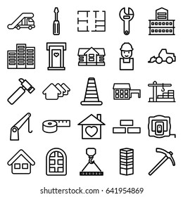 Construction icons set. set of 25 construction outline icons such as truck crane, cone barrier, window, business centre, door with heart, building, measure tape, brick wall
