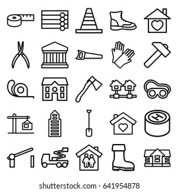 Construction icons set. set of 25 construction outline icons such as wooden wall, house, building, gloves, cone, hummer, crane, pliers, welding glasses, tape, shovel, axe, saw