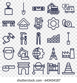 Construction icons set. set of 25 construction outline icons such as factory, level equipment, arc de triomphe, eiffel tower, cone, level ruler, barrier, concrete mixer