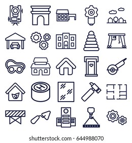 Construction icons set. set of 25 construction outline icons such as barrier, door with heart, level equipment, arc de triomphe, pyramid, window, trowel, hummer