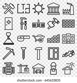 Construction icons set. set of 25 construction outline icons such as aid post, window, screw, worker, excavator, hook with cargo, chainsaw, hummer, wheelbarrow