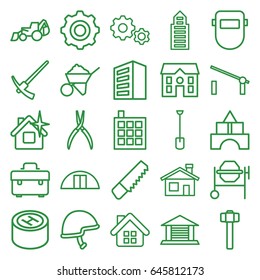 Construction icons set. set of 25 construction outline icons such as barrier, building, house building, toy tower, clean house, saw, toolbox, house, construction