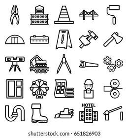Construction icons set. set of 25 construction outline icons such as barn, modern curved building, building, pipe, window, wet floor, nippers, cone, worker, axe, roller