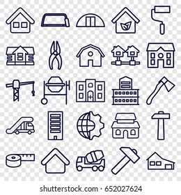 Construction icons set. set of 25 construction outline icons such as truck crane, house building, barn, house, building, construction crane, nippers, hummer, concrete mixer