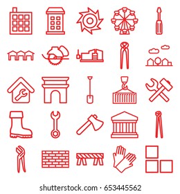 Construction icons set. set of 25 construction outline icons such as building, brick wall, arc de triomphe, gloves, wrench, screwdriver, axe, barrier, pliers, electric saw