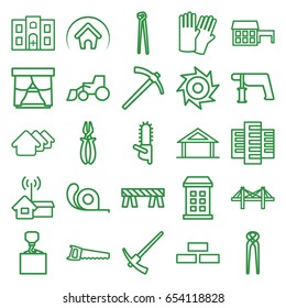 Construction icons set. set of 25 construction outline icons such as home, building, brick wall, house, glove, barrier, excavator, hook with cargo, nail gun, pliers, tape