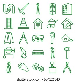 Construction icons set. set of 25 construction outline icons such as building, business centre, ladder, barn, gloves, pipe, wet floor, cone, construction, concrete mixer