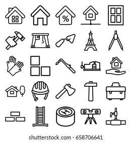 Construction icons set. set of 25 construction outline icons such as house building, brick wall, ladder, helmet, window, eiffel tower, gloves, home care, toolbox, trowel, axe