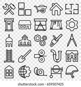 Construction icons set. set of 25 construction outline icons such as building, door with heart, mosque, brick wall, ladder, window, shovel, house, pipe, concrete mixer, tape