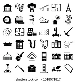 Construction icons. set of 36 editable filled and outline construction icons such as modern curved building, building, house, pipe, hacksaw, blowtorch, cargo barn, plan