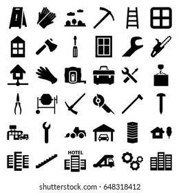 Construction icons set. set of 36 construction filled icons such as truck crane, window, business centre, stairs, building, measure tape, gloves, wet floor, nail, toolbox