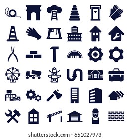 Construction icons set. set of 36 construction filled icons such as cone barrier, building, door with heart, barn, brick wall, house, arc de triomphe, window, pyramid, gloves