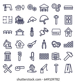 Construction icons set. set of 36 construction outline icons such as home, building, measure tape, window, barn, home care, wet floor, nail, drill, hummer, excavator, nail gun