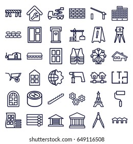 Construction icons set. set of 36 construction outline icons such as barrier, wheel barrow, window, modern curved building, door with heart, construction crane, wooden wall