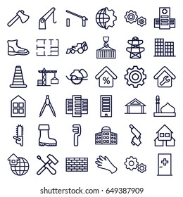 Construction icons set. set of 36 construction outline icons such as barrier, cone barrier, aid post, home, building   isolated  sign symbol, construction crane, mosque