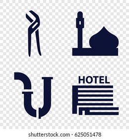 Construction icons set. set of 4 construction filled icons such as mosque, pipe, pliers