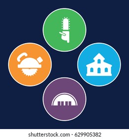 Construction icons set. set of 4 construction filled icons such as building, barn, saw blade