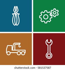 Construction icons set. Set of 4 Construction outline icons such as wrench, gear, truck with hook
