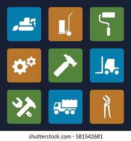 Construction icons set. Set of 9 Construction filled icons such as gear, hummer, hummer and wrench, truck, roller, excavator, tractor, pliers