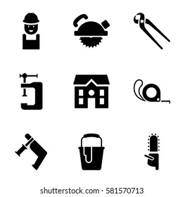 Construction icons set. Set of 9 Construction filled icons such as house, worker, saw blade, nail gun, vice clamp, pliers, tape, paint bucket