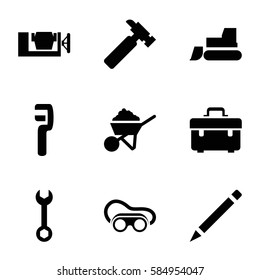 Construction icons set. Set of 9 Construction filled icons such as toolbox, wrench, hummer, vice clamp, construction, tractor, welding glasses, pen