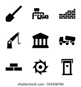 construction icons set. Set of 9 construction filled icons such as door with heart, brick wall, shovel, concrete mixer, cargo crane, hospital, court building