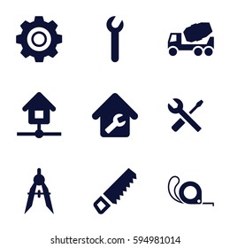 construction icons set. Set of 9 construction filled icons such as saw, concrete mixer, tape, wrench and screwdriver, compass, home repair, home, gear
