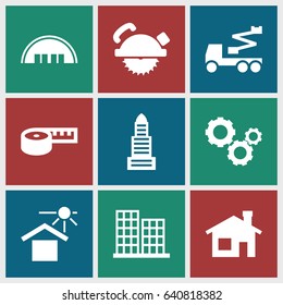 Construction icons set. set of 9 construction filled icons such as barn, house building, business center, saw blade, crane, house under sun, gear