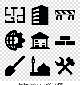 Construction icons set. set of 9 construction filled icons such as building, mosque, brick wall, shovel, barrier, cargo barn, plan, clobe gear