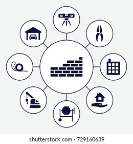 Construction icons set. set of 9 construction filled icons such as building, home care, nippers, concrete mixer, crane, tape, level ruler, garage