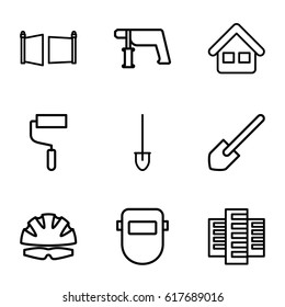 Construction icons set. set of 9 construction outline icons such as building, shovel, roller, nail gun, welder mask, home, gate
