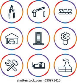 Construction icons set. set of 9 construction outline icons such as ladder, factory, pliers, vice clamp, garage, road barrier, brick wall, wrench hummer