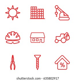 Construction icons set. set of 9 construction outline icons such as business center, screw, excavator, crane, pliers, house building, mortgage, hotel