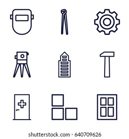 Construction icons set. set of 9 construction outline icons such as aid post, brick wall, window, building, theodolite, pliers, welder mask, gear