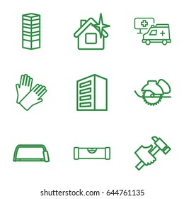 Construction icons set. set of 9 construction outline icons such as business centre, building, level ruler, gloves, clean house, hacksaw, electric saw, hummer