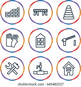 Construction icons set. set of 9 construction outline icons such as building, window, pyramid, glove, barrier, water pipe, road barrier, brick wall