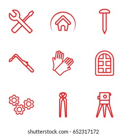Construction icons set. set of 9 construction outline icons such as window, gloves, nail, theodolite, pliers, blowtorch, wrench and screwdriver, home