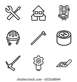 Construction icons set. set of 9 construction outline icons such as plan, level equipment, helmet, wrench and screwdriver, garden hammer, house building, hospital, hammer