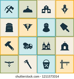 Construction icons set with ax with pickax, hammer, temple and other vernier elements. Isolated vector illustration construction icons.