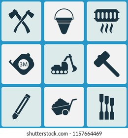 Construction icons set with axe, pencil, construction wheelbarrow and other carpenter elements. Isolated vector illustration construction icons.