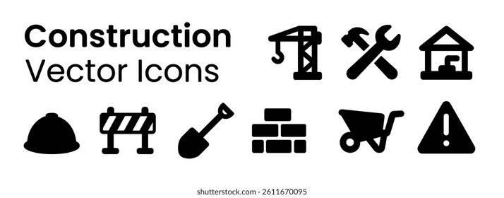 construction icons set of black construction vector icons including crane, tools, helmet, construction barrier, shovel, bricks, wheelbarrow, and warning sign on white background