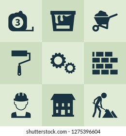 Construction icons set with builder, wheelbarrow, construction works and other builder elements. Isolated vector illustration construction icons.