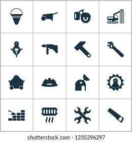 Construction icons set with building cart, saw, trolley and other labor elements. Isolated vector illustration construction icons.