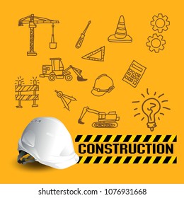 construction icons set and building line, engineer hat 